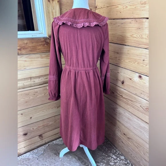 Vintage Rust Long Sleeve Maxi Dress Floral Embroidery Corduroy Lace Womens Large - Picture 6 of 10